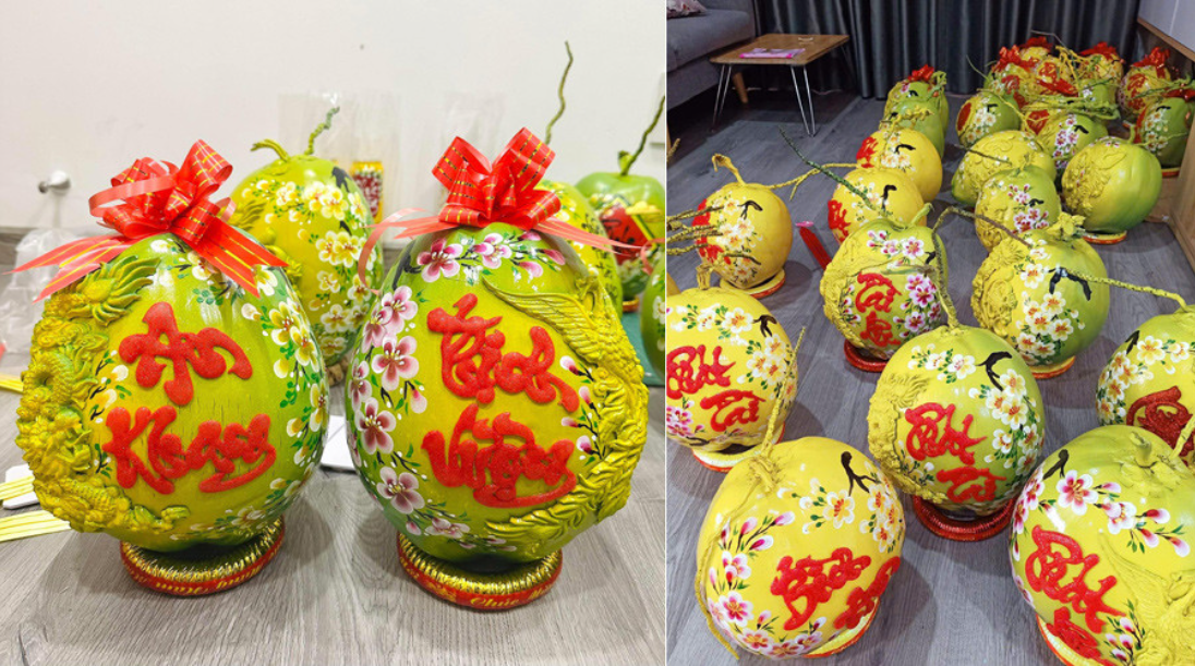 Vợ chồng giáo viên 'múa cọ' lên trái dừa, thức trắng đêm làm nghề lạ mỗi dịp Tết